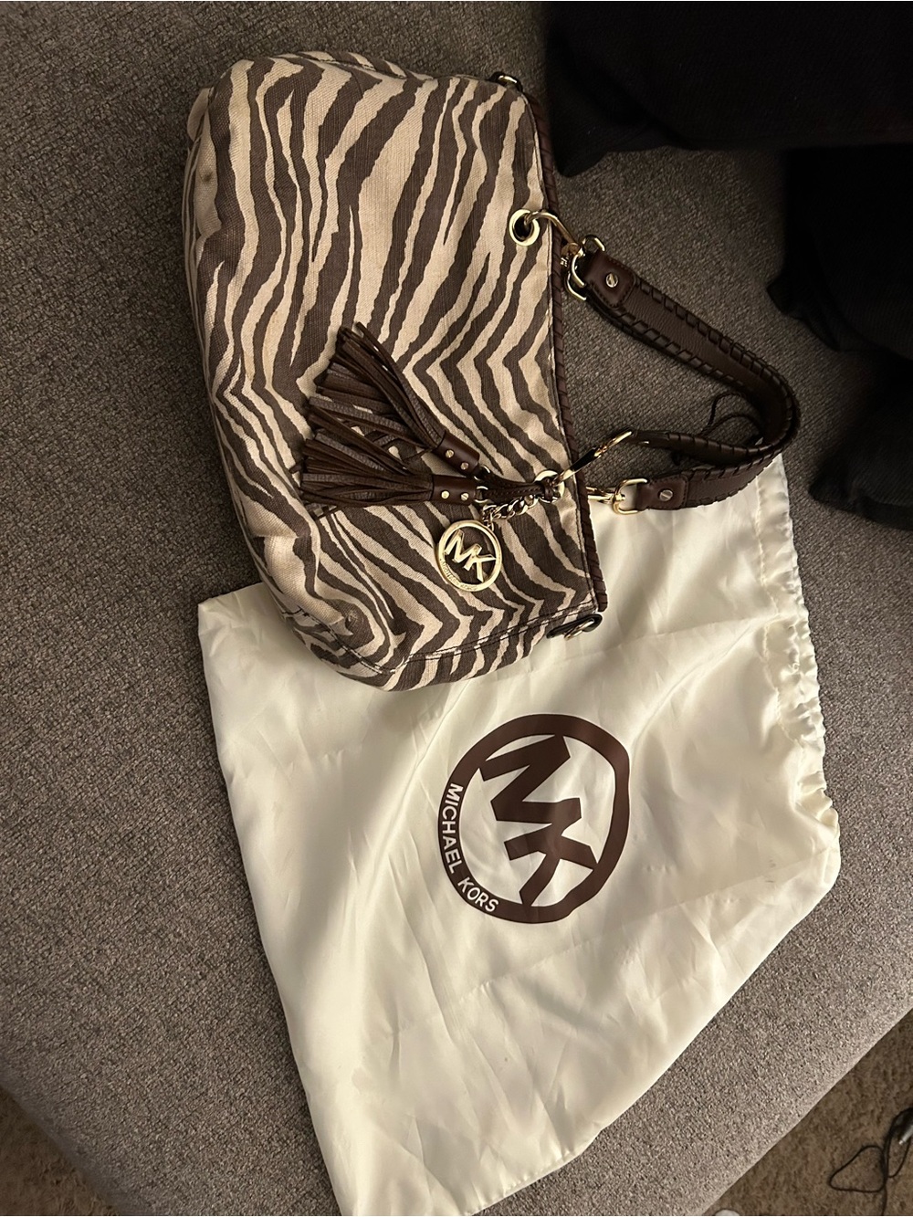 Michael Kors Brown and Cream Zebra-Print Shoulder Bag with Tassel